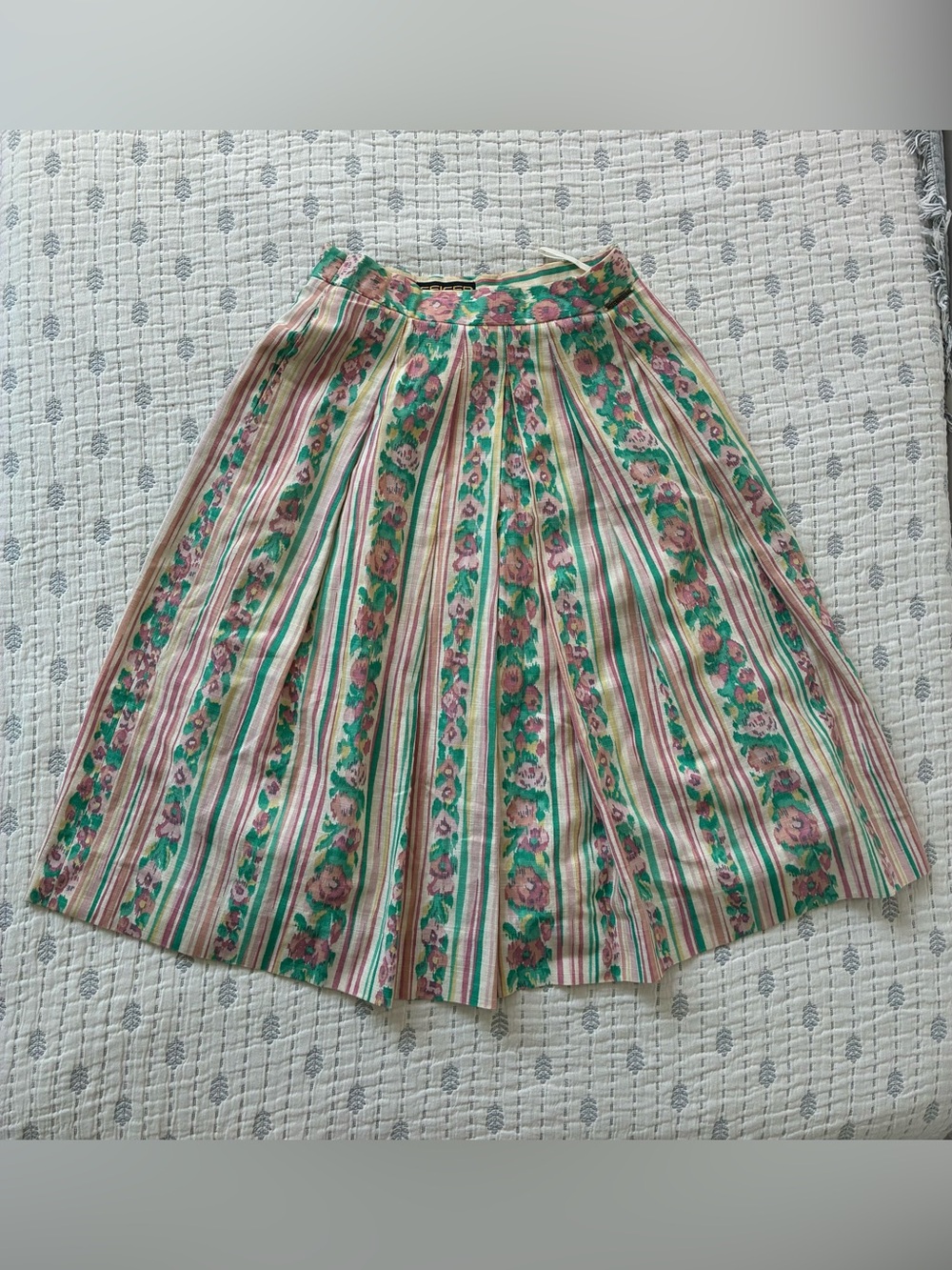 Geiger of Austria Pink and Green Floral Striped Cottagecore Cotton Linen Skirt